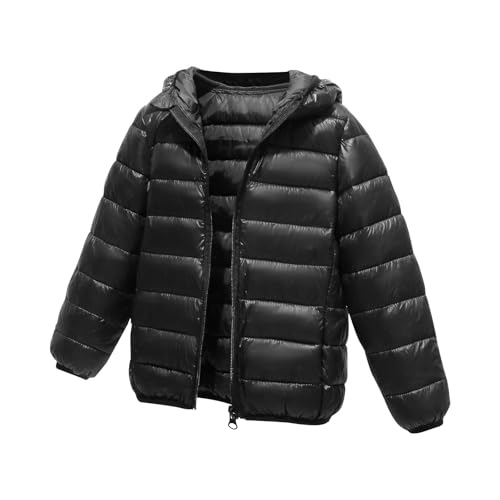 Generisch Kinder Daunenjacken Winterjacke mit Kapuze Einfarbig Softshelljacke für Jungen Mädchen Leichte Steppjacke mit Reißverschluss Tasche Winter Warme Kapuzenjacke Schwarz 10-12 Jahre