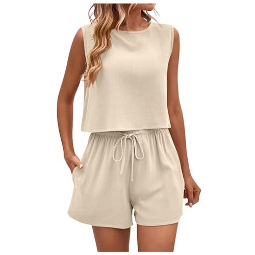 Generisch Zweiteiler Damen Sommer Elegant 2 Teiler Set Tank Top und Shorts Einfarbig Loungewear Set für Strand Urlaub Leicht Sportanzug Jogginganzug Y2K Clothes Hosenanzug