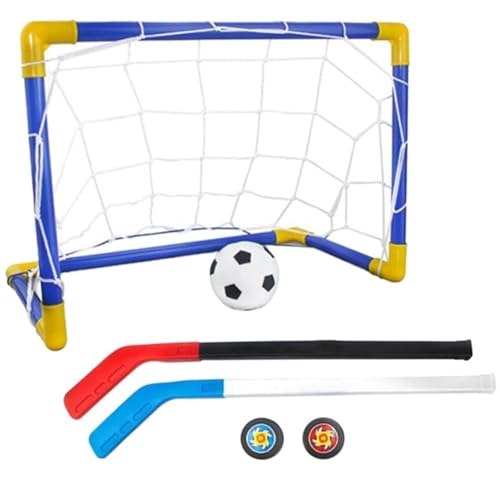 Yeory 2 IN1 Mini Hockey Soccer Set mit Mini -Tor -Netz, Hockeystock, Hockey, Fußball, Hockey und Ballpumpe Mini Fußballtor Set Football Training Equipment