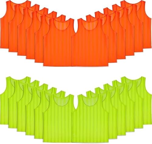 Malloom 24 Stück Fußball Leibchen für Erwachsene, ohne Logo Trainingsleibchen Fussball Leibchen Kinder Erwachsene, Team-Spiel Bibs für Fußball, Basketball, Volleyball - Grün & Orange