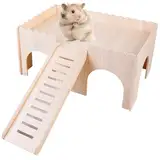 Meerschweinchen Haus mit Rampe 4 Eingänge, Meerschweinchenhaus aus Holz, Meerschweinchen Zubehoer, Kaninchenhaus, Nagerhaus, Hamster Haus, Hasenhaus, 38 x 25 x 18 cm