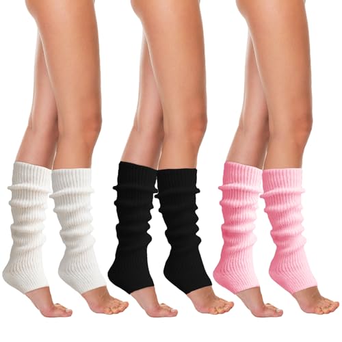 FUIPVGI 3 Paar Bein Stulpen Damen, Winter Lange Gestrickt Beinwärmer Legwarmers, Beinwärmer Knöchelwärmer für Ballett Yoga Frauen und Mädchen (Schwarz, Weiß, Rosa)
