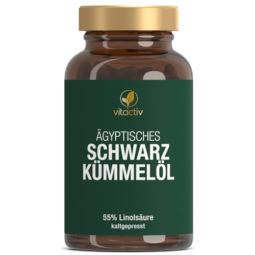 VITACTIV Ägyptisches Schwarzkümmel Öl Kapseln - schonend kaltgepresst - mit Folsäure, Vitamin E und Biotin – gut für Blutzuckerspiegel und Blutbildung - 90 Softgel-Kapseln
