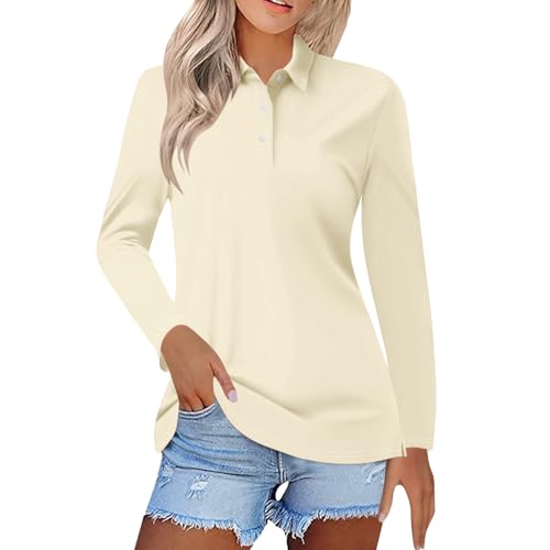 Poloshirt Damen Langarm Sportshirt Baumwolle Polohemd Elegant Wintershirts Sport Bluse Laufen Wandern Tunika Blickdicht Für Sport Locker Tshirt mit Kragen (Z011-Beige, XXXXL)