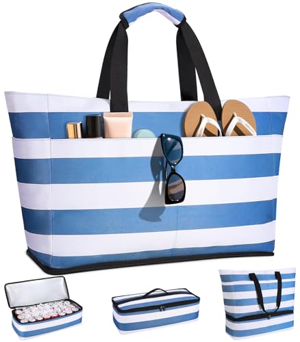 CIRYCASE Strandtasche XXL Familie mit Kühlfach, 49L Große Badetasche Strandtasche mit Reißverschluss & Nassfach, Faltbare Wasserdicht Beach Bag Handtasche Shopper Damen für Reisen/Fitness/Pool (Blau)