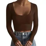 TrendiMax Damen Langarmshirt Crop Tops Basic T-Shirt Slim Fit Sexy Oberteile Casual Rundhals Tee Shirt Bauchfrei Langarm Pullover, Dunkelkaffee, XL