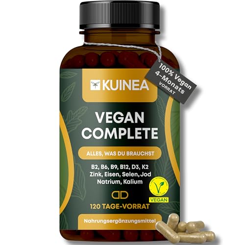 KUINEA® Vegan Complete – Vitamin B12 + D3 + K2 + B-Komplex + Zink, Eisen, Jod, Selen, Kalium – Multivitamin hochdosiert – 120 vegane Kapseln – 4 Monats-Vorrat