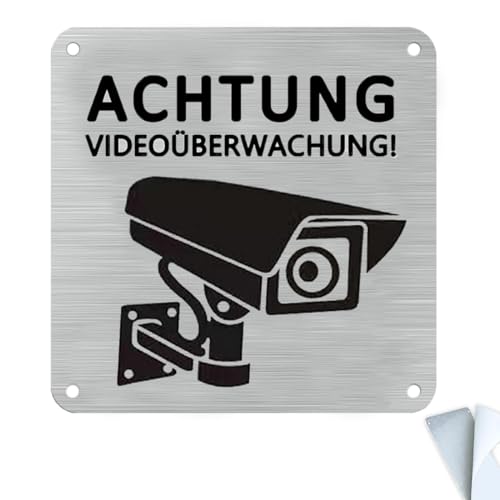 1 Stück Achtung Videoüberwachung Schild Privatgrundstück, 15x15cm Aluminium Schilder Kameraüberwachung, mit Selbstklebend und 4 Bohrlöcher, Kamera Überwachung, Warnschild