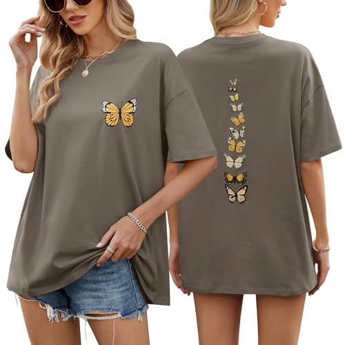 TOMEEK T-Shirt Für Damen Top Sommer Oversize Shirt Rundhals Kurzarm Baumwolle Weiße Tshirts Vintage Loose Tshirt Lockere Passform Basic Tee Kurzärmelig(Dunkelgrau,M)