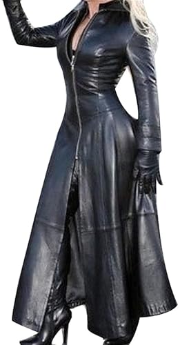 SKYWPOJU Damen PU Leder Kleid Langarm Elegant Etuikleid Bleistiftkleid Clubwear Dress Cocktail Party Abend Kleider in Latex Leder Lack Optik S EU
