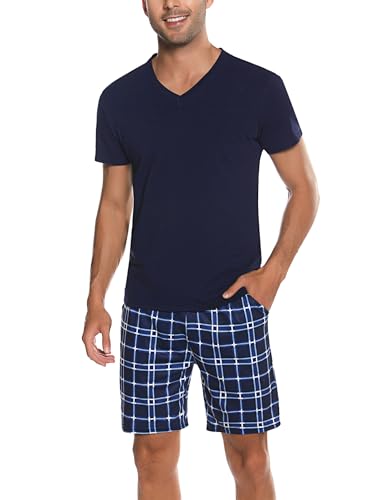 Bresdk Schlafanzug Herren Pyjama Set Kurz Baumwolle Sommer Nachtwäsche Dunkelblau 3XL