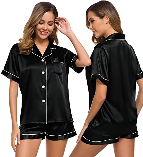 SWOMOG Satin Damen Schlafanzug mit Knopfleiste Kurzarm Nachtwäsche Frauen Pyjama Set Zweiteiliger Seide Hausanzug