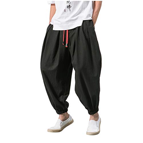 Streetwear Haremshose für Herren, japanischer Stil, lässige Hose, Herren, Jogger, chinesische Baggy-Hose, Haremshose, Hippie, Yoga, Ballon-Bloomer, lässig, lässig, Laufhose, Schwarz , M