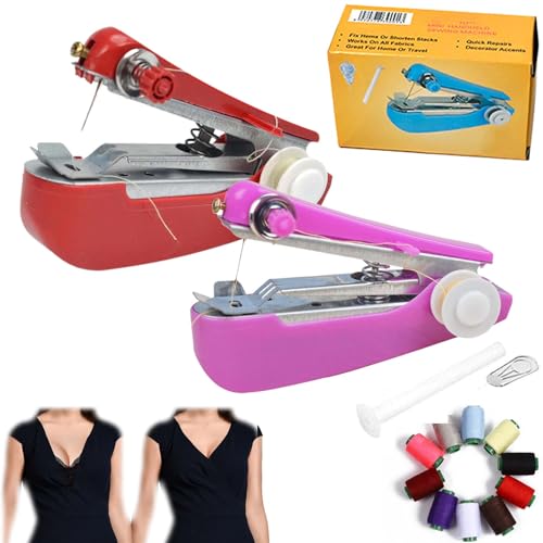 Gienslru Tiny Tailor Mini Sewing Tool, Spring Come Mini Stapler Sewing Machine, Hand Cordless Sewing Tool,Easy-to-Operate, Portable Sewing Threads Kit for DIY Fabrics Clothes Home Travel (2pcs-A)