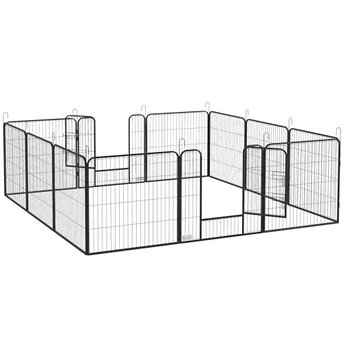 PawHut Welpenauslauf 80 cm Hoch, 12-TLG Welpenlaufstall mit 2 Tür, DIY Hundelaufstall Freilaufgehege Welpenfreigehege für mittelgroße Hunde, Kaninchen, Meerschweinchen, Stahl, Grau