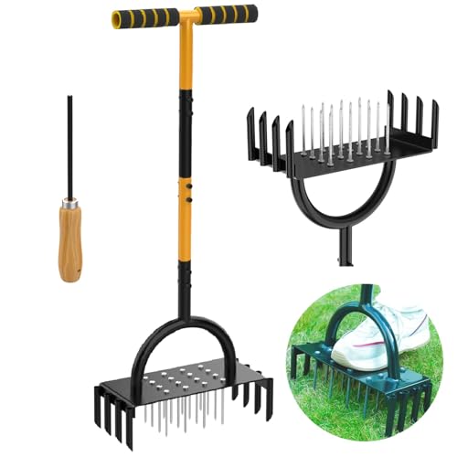 TWZ Rasenlüfter 2-in-1, Aerifizierer für Rasen mit 16 Spike& 8 Kerne 97cm Handvertikutierer Metall mit T-Griff, Vertikutierer Heavy Duty Rasenspecht Rasen Belüften für Verdichtete Böden Rasenpflege