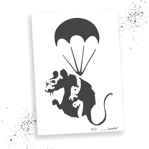LaserCad Schablonen BANKSY Streetart (B052, Parachuting Rat, DIN A5) Stencil für Graffiti, Airbrush, Kunst, Deko, zum Malen