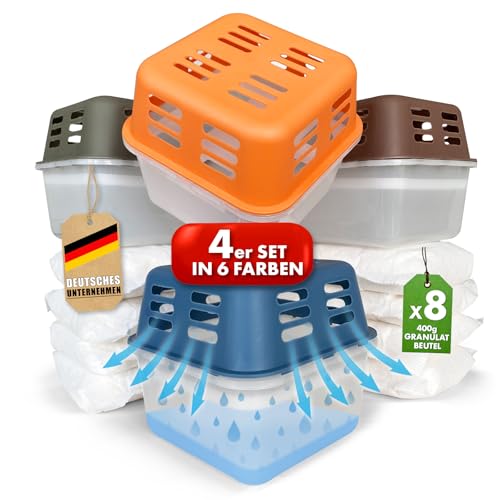 KARAT 4 x Luftentfeuchter mit 8 x 400g Nachüll-Beutel Granulat Raumentfeuchter nachfüllbar & wiederverwendbar (Grün, Kuki)