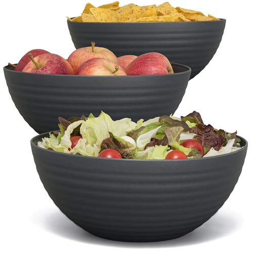 Hausfelder Schüssel Set 3 x 3,3 Liter, Salatschüssel groß, Schüsseln für Chips, Süßigkeiten, Snack Schalen, Servierschüssel aus Kunststoff, Melamin-frei, Servierschale in Anthrazit Schwarz