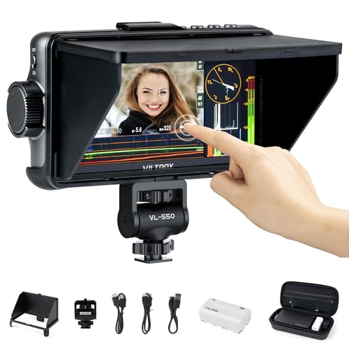 VILTROX DC-550 Pro Touchscreen Kamera Field Monitor 4K HDMI (5,5 Zoll) 1200 Nits 160° Weitwinkel DC 12V Typ-C 5V 3D Lut Peaking Focus Assist für DSLR Kamera Monitor mit Akku und Sonnenschutz haube