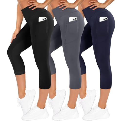 TNNZEET 3er Pack Leggings Damen 3/4 mit Taschen Capri für Sport, High Waist 7/8 Caprihose Sporthose für Gym(Schwarz/Dunkelgrau/Marineblau,XXL)