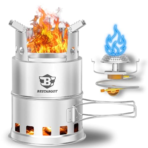 Bestargot Hobo Kocher Gaskocher, Camping Holzofen und Gas Campingkocher aus Edelstahl, Tragbar Outdoor Kocher Hobo Ofen, Faltbar Gas Kocher und Holzvergaser für Backpacking Bushcraft