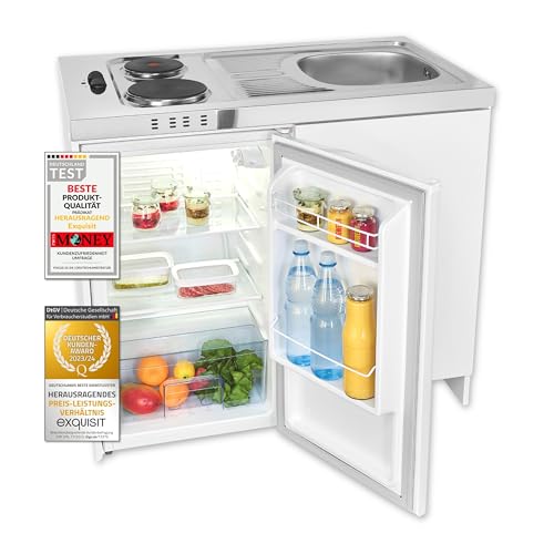 Exquisit Mini-Küche Pantry KK1085 weiss | Kühlschrank mit 76 l Nutzinhalt | Masse-Kochfeld | Edelstahl-Spüle | Spülschrank