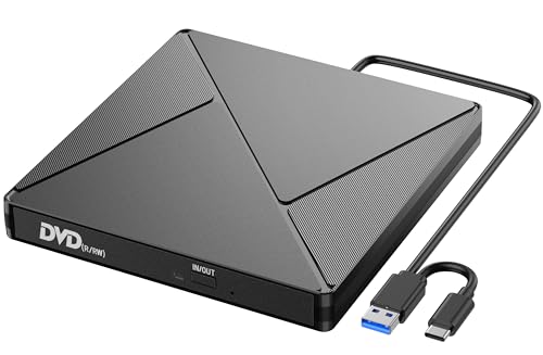 Externes CD DVD Laufwerk, USB 3.0 & USB-C CD/DVD Laufwerk Extern, CD DVD +/-RW ROM Brenner Optical External DVD Drive für Laptop, PC, Desktop, MacBook, iMac, Windows 11/10/8/7/XP/Linux/MacOS