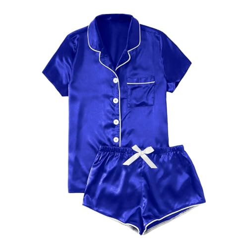 Frottee Schlafanzug Damen 54 Seidensatin mit kurzen Ärmeln Knopfleiste, Nachtwäsche Karierte Pyjamahose(Blau,XXS)