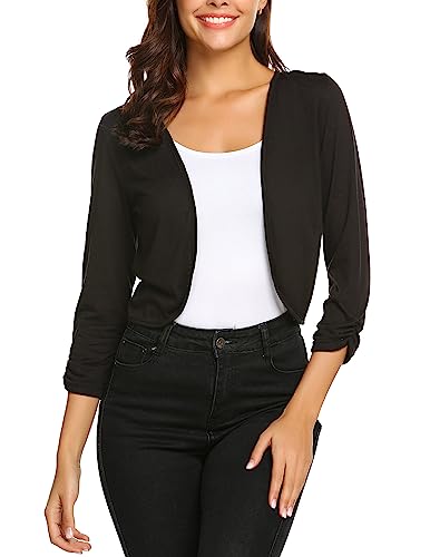 Parabler Bolero Damen Schwarz Elegant Festlich Strickjacke 3/4 Ärmel Shrug Jäckchen zum Kleid Einfarbig Kurze Cardigan Frühling Sommer S