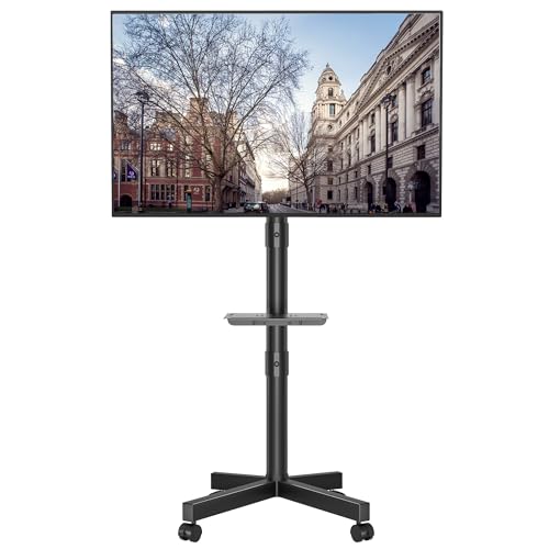 BONTEC TV Ständer auf Rollen, Neigbar, Höhenverstellbarer Rollbarer TV Ständer Rollbar mit Medienablage für 23–60 Zoll LED, LCD, OLED-Flach- und Gebogene Fernseher, hält bis zu 25 kg
