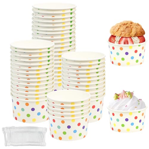 Kleemeiero 50 Stück Eisbecher aus Papier Mit 50 Stück Löffel 8oz/240ml Einweg-Kuchenbecher Eisschalen Pappe Pappschalen Dessertbechers für EIS, Dessert, Fingerfood, Joghurt