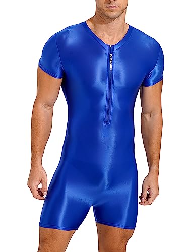 TiaoBug Herren ÖL Glanz Body Ärmellos/Kurzarm Bodysuit mit Bein Einteiler Kompression Unterwäsche Sport Trikot Leotard Blau E XL