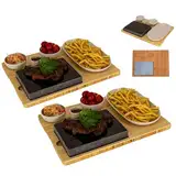 CAWI Lavastein Steakbrett 2 Sets, Servierplatte, Bambusbrett mit Hot Stone Grill, Steak Grillplatte, Steinplatte, Tischgrill Grill Set
