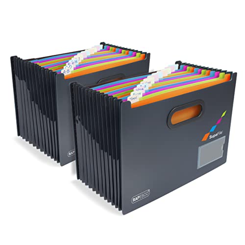 Rapesco 1729 SupaFile Doppelpack A4 Dokumentenmappe mit 13 Erweiterbaren Bunten Fächern Querformat Freistehend, Schwarz