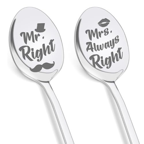 Hochzeitsgeschenke für Brautpaar - 2 Stück Löffel mit Gravur-Mr. Right & Mrs. Always Right, Hochzeitsgeschenk für Männer Frauen, Geschenk für Partner, Jahrestag Valentinstag Weihnachten Geschenk