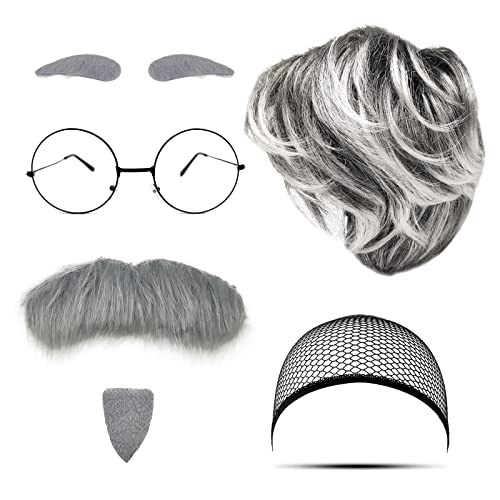 MIVAIUN 7tlg Opa Kostüm Set Alter Mann Kostümzubehör Großvater Accessoire Perücke Grauer Bart Augenbrauen Perückenkappe Brille Alter Mann Cosplay Zubehör für Halloween Party Karneval (Opa Set)