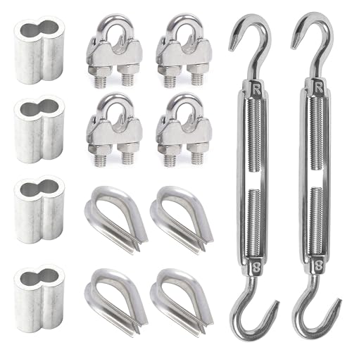 14 Stück M8 Seilspanner Spannschloss Set, mit Edelstahl Spannschloss, Drahtseilklemme Edelstahl, Drahtseil Kauschen und Pressklemme Aluminium für Gespannte Seil zu Verschärfen