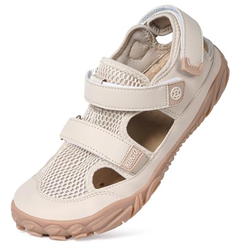 Hsyooes Barfußschuhe Herren Sportsandalen Damen Aquaschuhe Verstellbare Strandschuhe Weit Wandersandalen Schnell Trocknend Surfschuhe Sommer Beige EU40=Hersteller 41