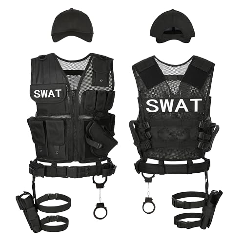 KarneLux Einsatzweste 4in1 SWAT, POLICE, FBI oder UNDERCOVER - Kostüm für Herren und Damen, inkl. Pistolenholster, Gürtel, Handschellen und Cap für Survival, Karneval, Fasching oder Halloween (M-L)