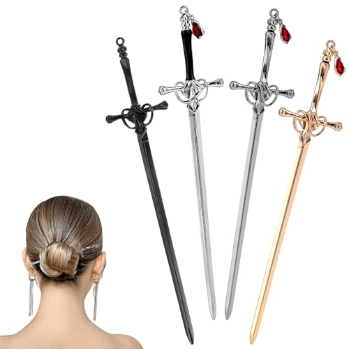 Qianyu 4 Stück Chinesische Haarnadel Stäbchen Schwertform Haarstab-Anhänger Antike Stil Schwert Essstäbchen Chinesischen Vintage Stil Sticks für Damen Haar Zubehör