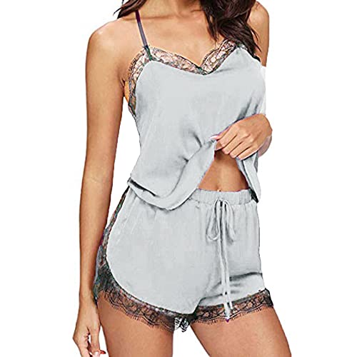Schlafanzug Damen Babydoll Pyjama Set Negligee Sexy Kurz Satin Sommer V-Ausschnitt Ärmellos Zweiteiliger Top und Shorts Spitze Hausanzug Nachtwäsche Sleepwear Loungewear Sleepshirt Unterkleid