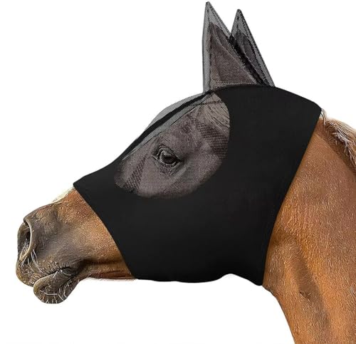 Jingsen Pferdekopfmaske, atmungsaktive Pferdemaske, Pferdeaugenmaske, Mücken- und Fliegenbissfeste Pferdegesichtsmaske, Pferdeschutzausrüstung, Reiterbedarf, Reitgerte (Schwarz, Einheitsgröße)