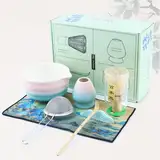Matcha Set, Japanisches Tee-Set (7-teilig), Matcha-Schneebesen-Set,Keramik Matcha Kit Enthält Matcha-Schale,Matcha-Schneebesen,Schneebesenhalter,Matcha-Löffel,Edelstahl-Sieb,Geschirrtuch,Löffelhalter