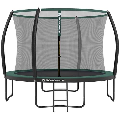 SONGMICS Trampolin Ø 305 cm, Gartentrampolin für Kinder mit Sicherheitsnetz, 180 cm hohe gebogene Stangen, Randabdeckung, Leiter, Stahlrahmen, schwarz-dunkelgrün STR102C01