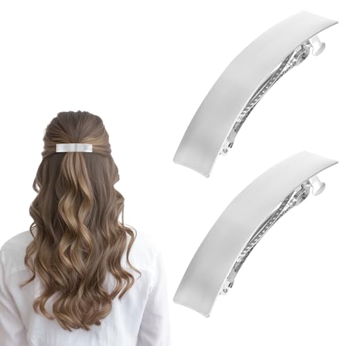 JJUNW 2 Stück Metall Haarspangen Damen, Französische Haarspangen Minimalistisch Rechteck Clip Legierung Automatische Haarspange Clip Haarzubehör Dekorativer Haarschmuck für Frauen Mädchen(Silber)