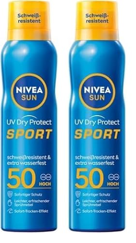 NIVEA SUN UV Dry Protect Sport Sonnenspray LSF 50 (200 ml), 100% transparenter und erfrischender Sonnenschutz, schweißresistente & extra wasserfeste Sonnencreme mit LSF 50 (Packung mit 2)