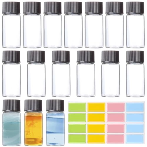 GESDYO 16 Probenflaschen Glas mit Schraubverschluss 10ML,Probierfläschchen aus Klarglas,Flüssigkeit Pulver Proben und kleinen Gegenständen,für Aromatherapie,Parfüm,Massage, Spa, Düfte,Chemielabor