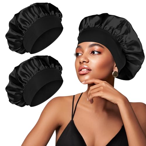 Mugust 2 Stück Satin Bonnet, Satin Haarhaube, Haarhaube für Die Nacht, Seidenhaube zum Schlafen, Wiederverwendbare Silk Bonnet Seidenhaube für Damen und Mädchen (Schwarz+Schwarz)