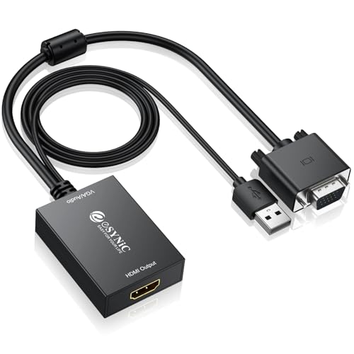eSynic VGA zu HDMI Adapter 1080P VGA zu HDMI Kabel Konverter ABS-Schale VGA Stecker zu HDMI Buchse Unterstützung USB-Strom&Audio Ausgang mit Mirror & Extend Modi für Laptop zu Monitor usw